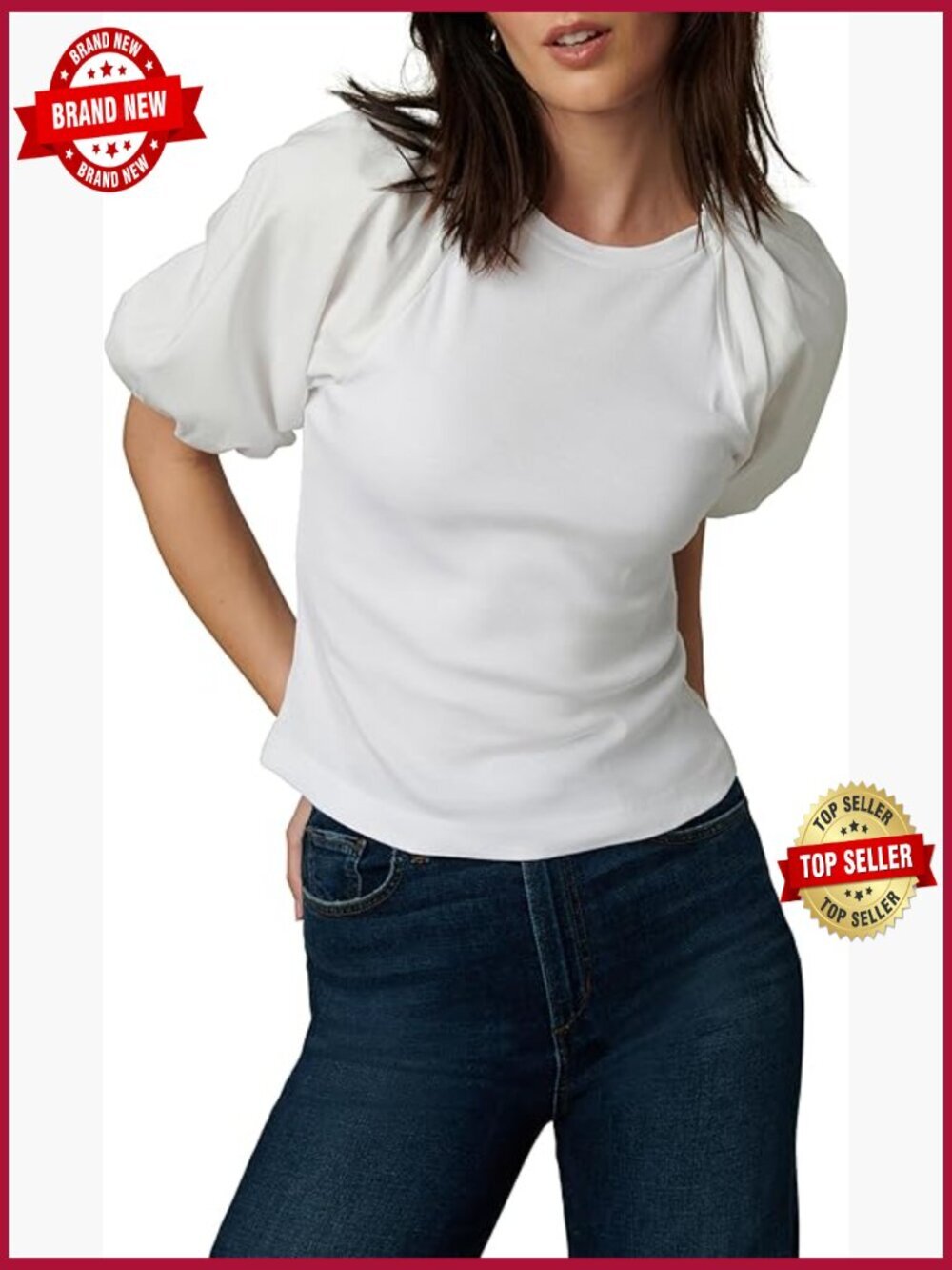 Ruffle Short Puff Sleeve Crew Neck Tee Cotton Classic Fit Top